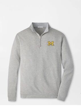Peter Millar Michigan Men Gray Quarter-Zip Sweater with Yellow 'M' Patch Size XL